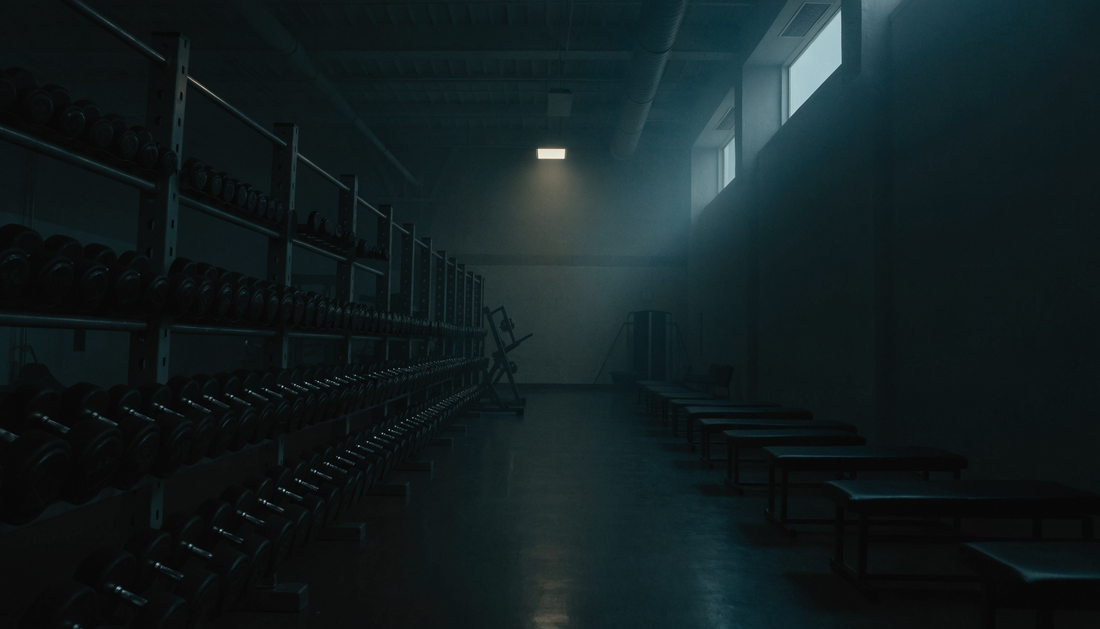 Leeres Fitnessstudio vor der Öffnung, eine einzelne Lampe brennt am Ende der Halle